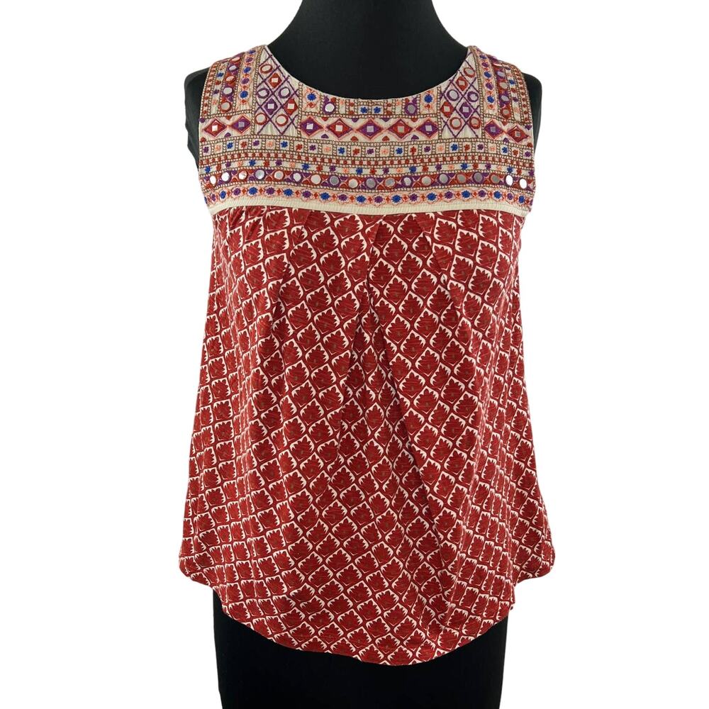 Anthropologie Akemi + Kin Red Multi Cotton Embroidered Floral Sleeveless Tank XS